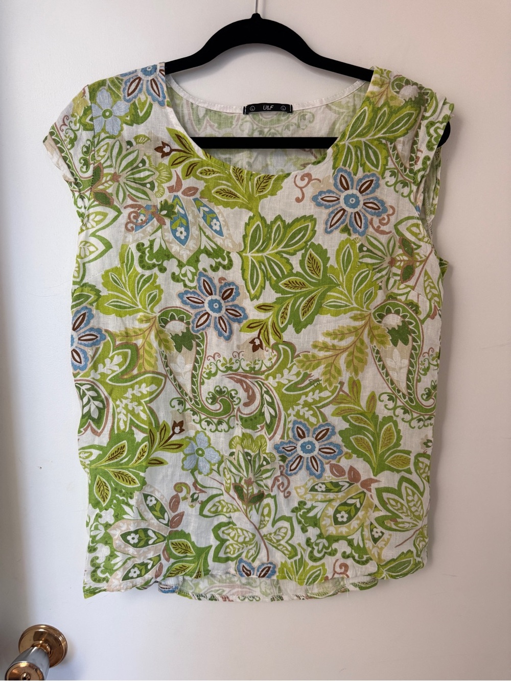 U&F 100% Linen Floral Sleeveless Top Made in Italy Green Blue Boho